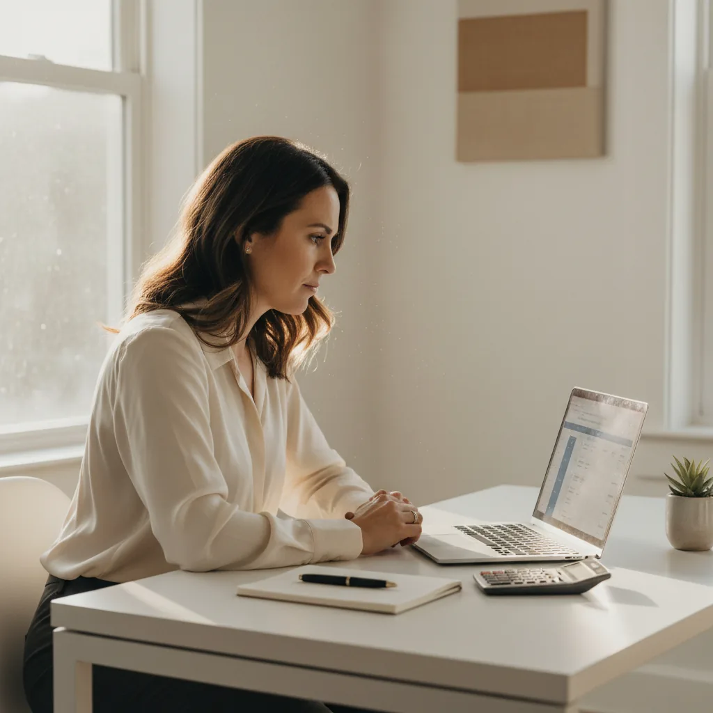 Professionnelle comparant les prix de creation de site internet sur son ordinateur portable