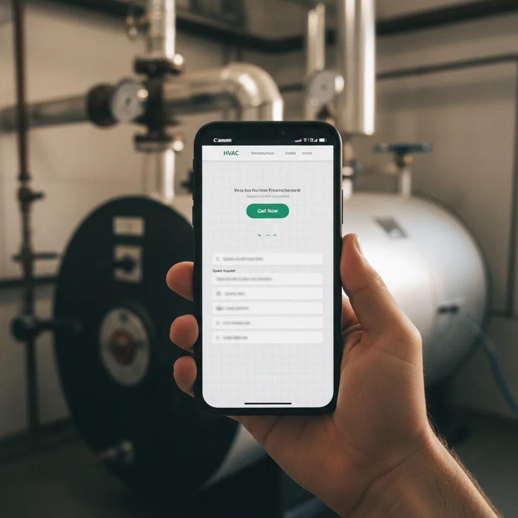 Site vitrine chauffagiste affiché sur smartphone avec formulaire de devis et bouton d'appel d'urgence visible