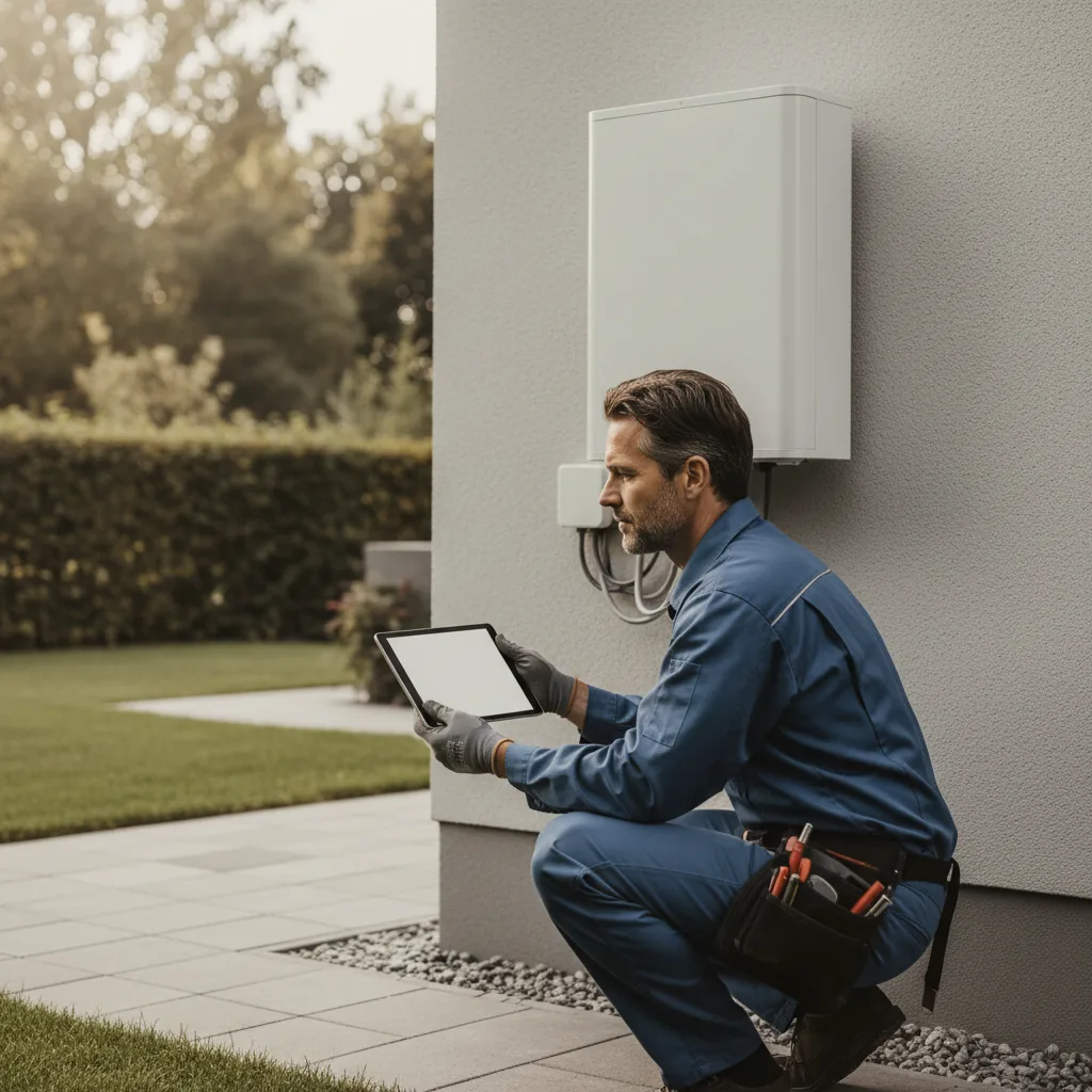 Chauffagiste professionnel consultant son site internet sur tablette devant une installation de pompe à chaleur