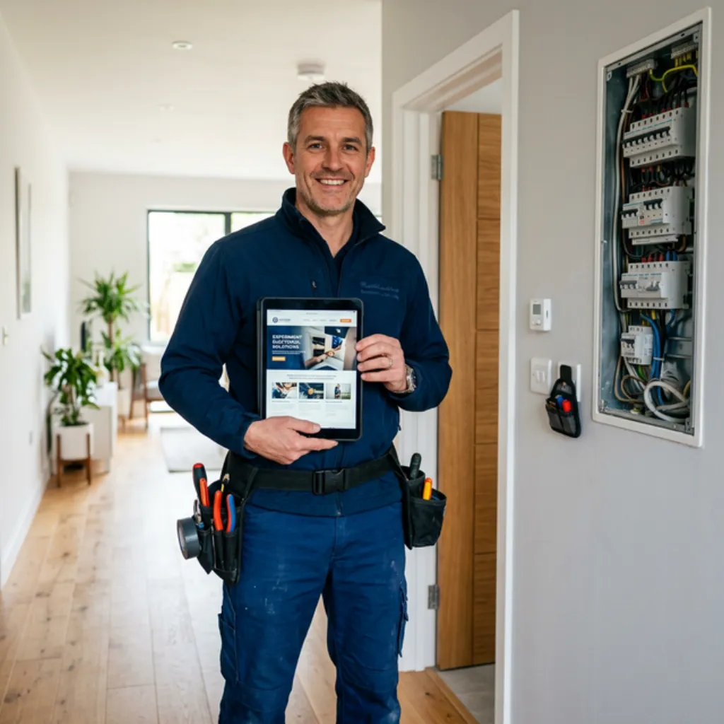 Électricien professionnel présentant son site internet sur tablette devant un tableau électrique
