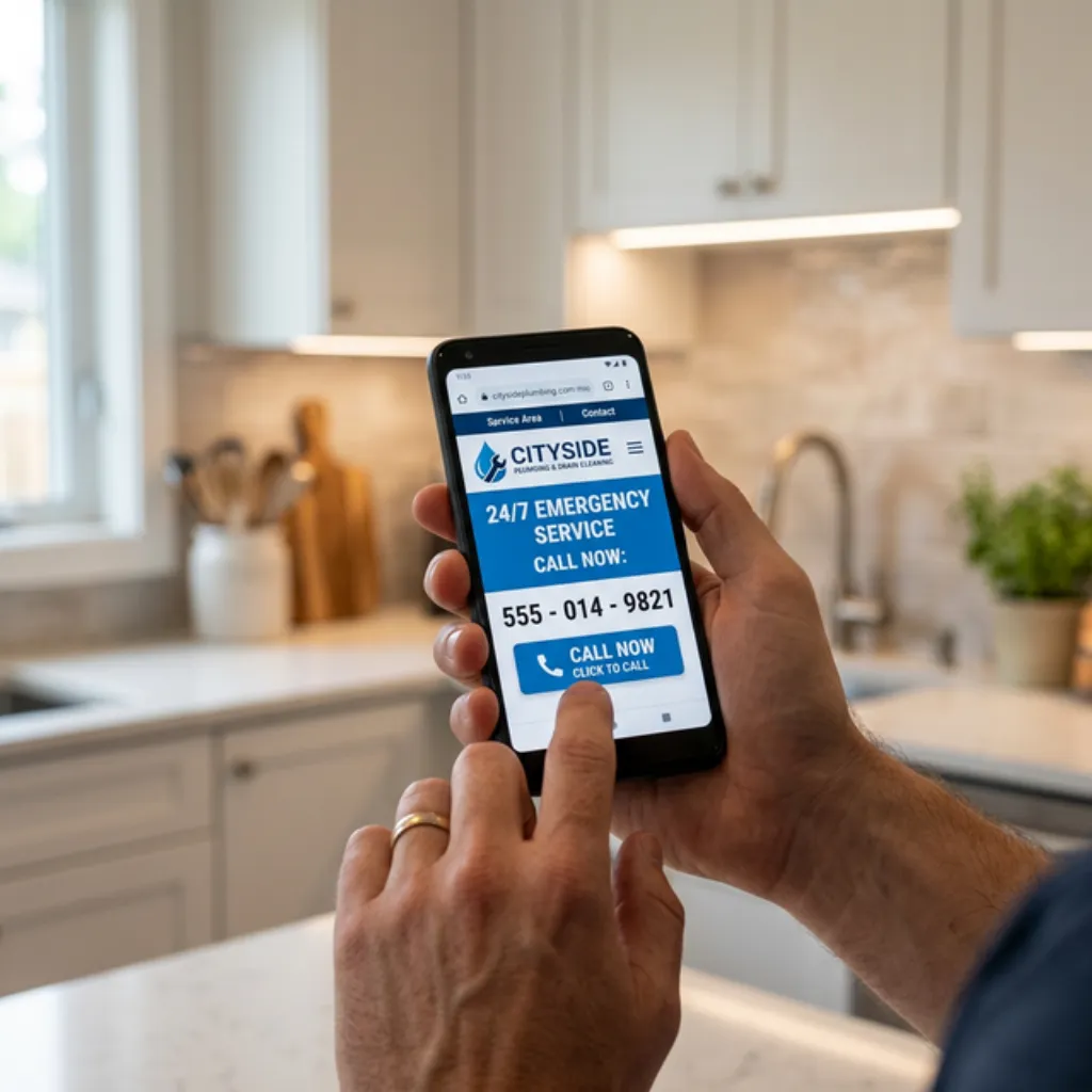 Site internet d'électricien affiché sur smartphone avec bouton d'appel visible