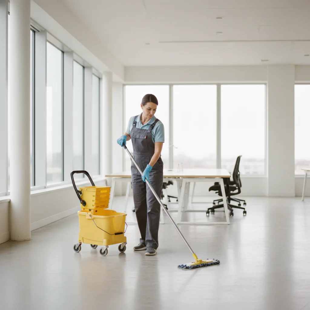 Professionnel de nettoyage de locaux avec équipement, illustration de site internet entreprise nettoyage