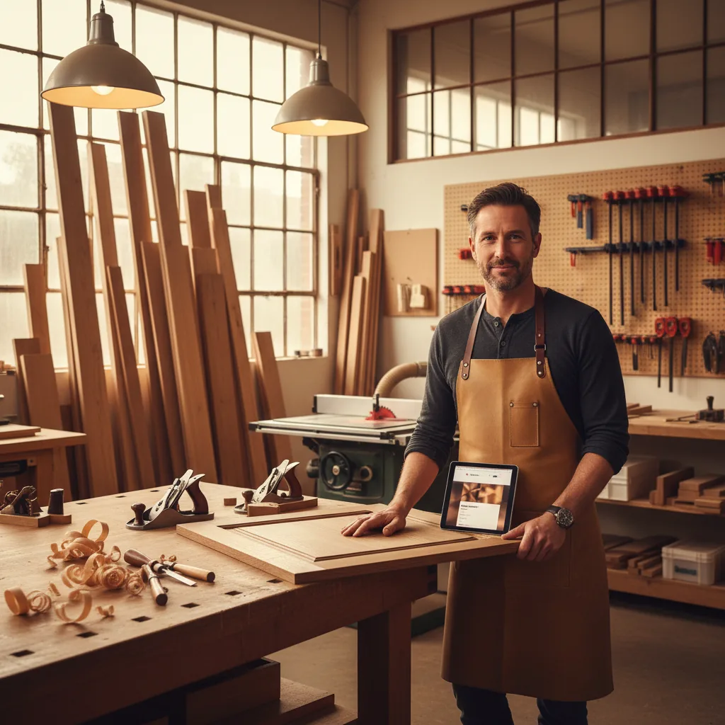 Menuisier artisan dans son atelier avec tablette montrant son site internet professionnel