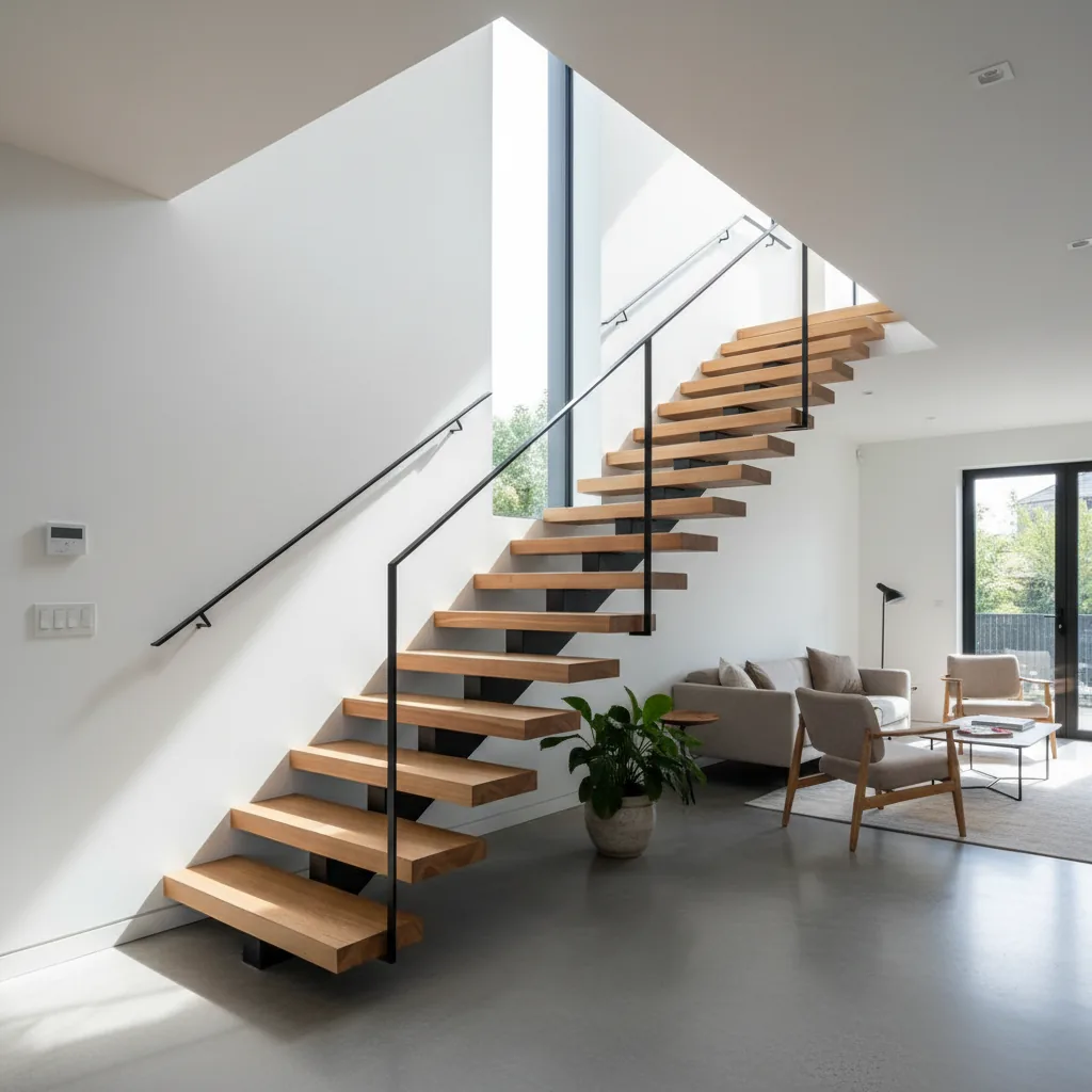 Escalier en chêne massif sur mesure dans un intérieur moderne, exemple de réalisation pour portfolio menuisier