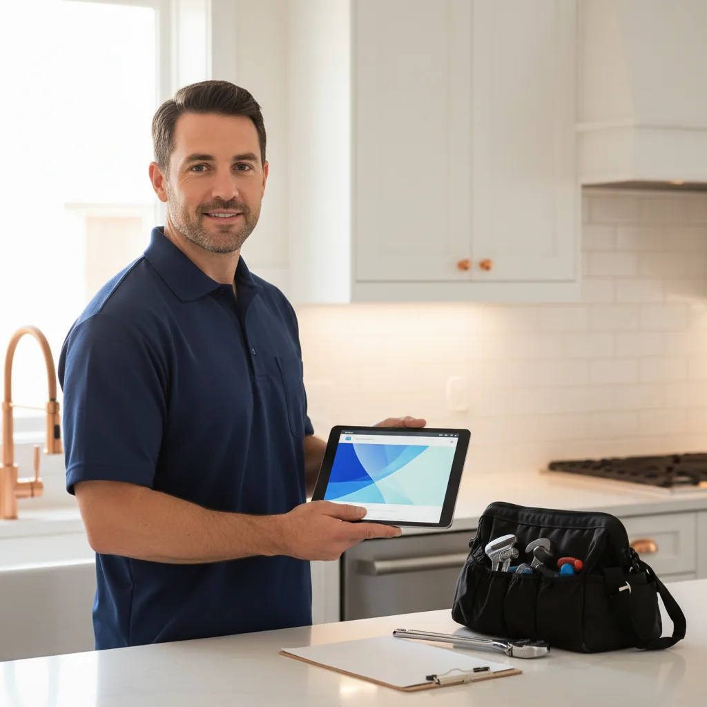 Plombier professionnel présentant son site internet sur tablette dans une cuisine moderne