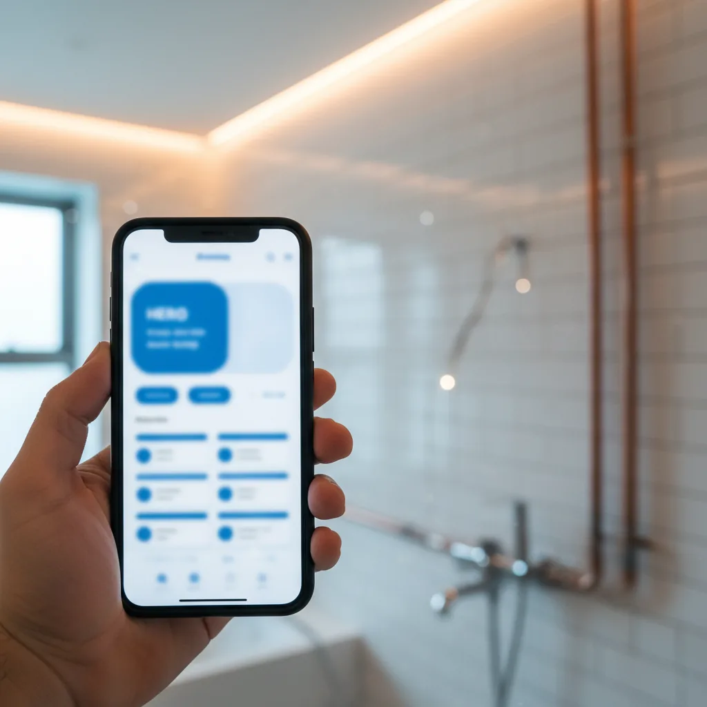 Site vitrine de plombier affiché sur smartphone dans une salle de bain en rénovation