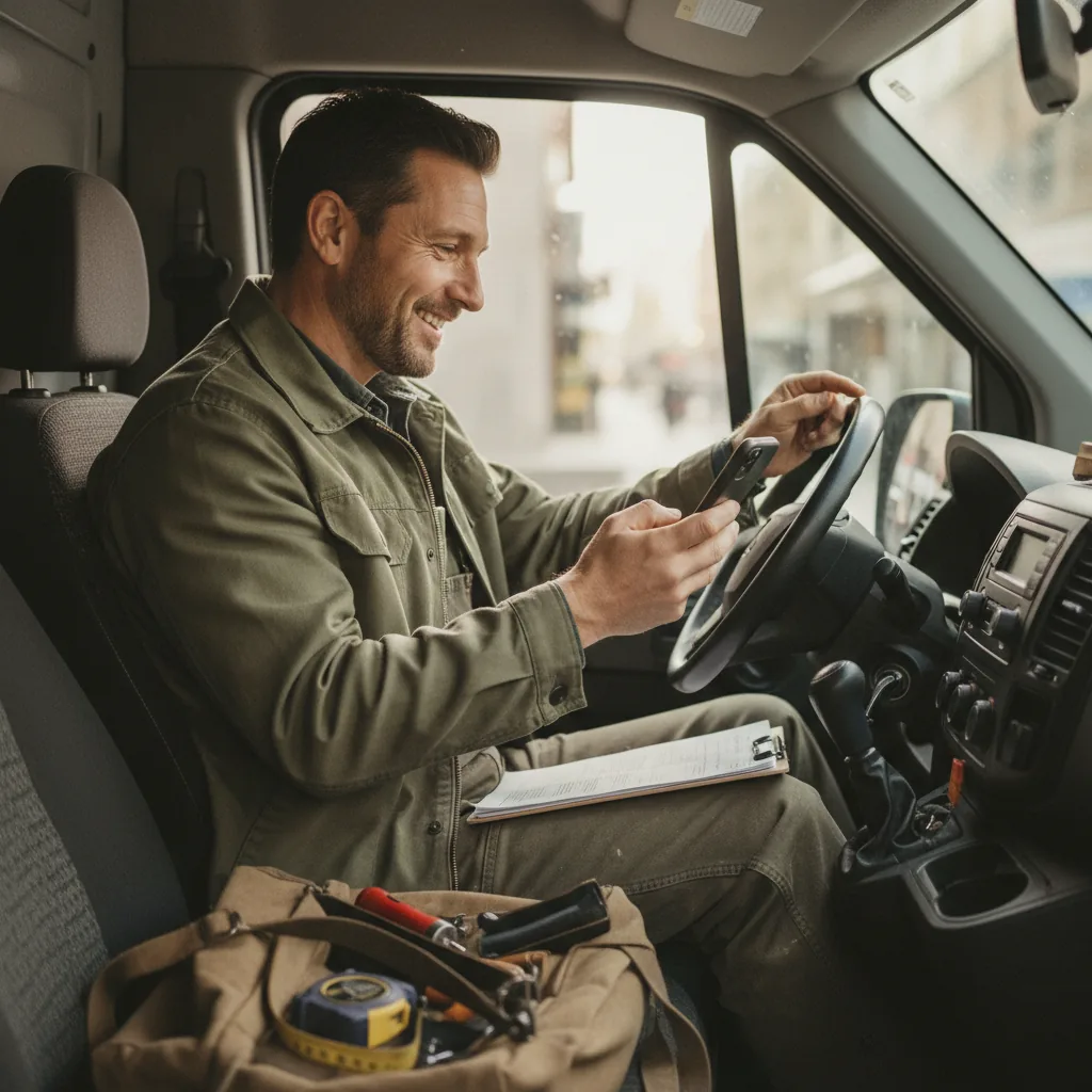 Artisan recevant une notification de demande de devis en ligne sur son smartphone depuis son site internet