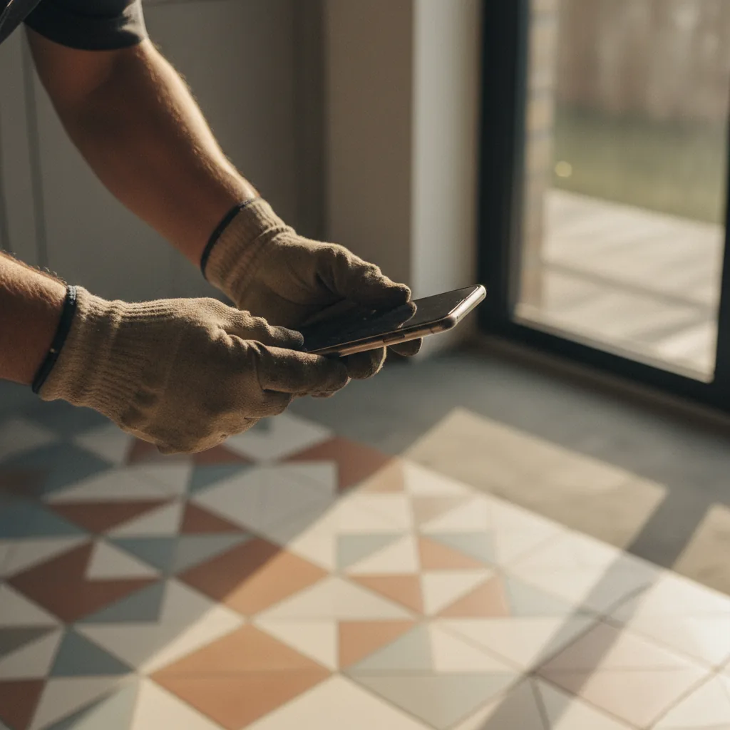 Artisan photographiant un chantier terminé avec un smartphone pour les photos de son site web