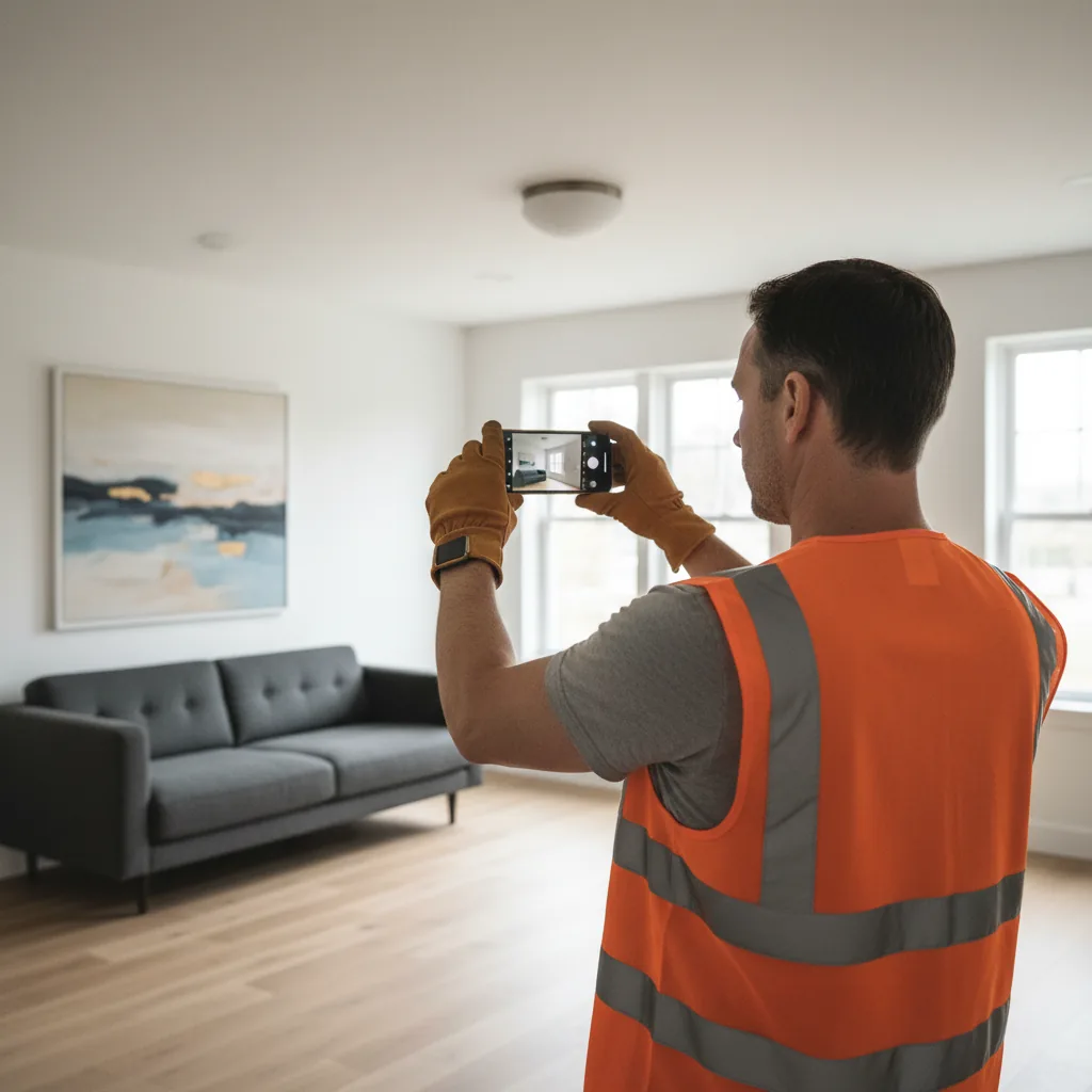 Artisan prenant une photo de son chantier terminé avec un smartphone pour son portfolio en ligne