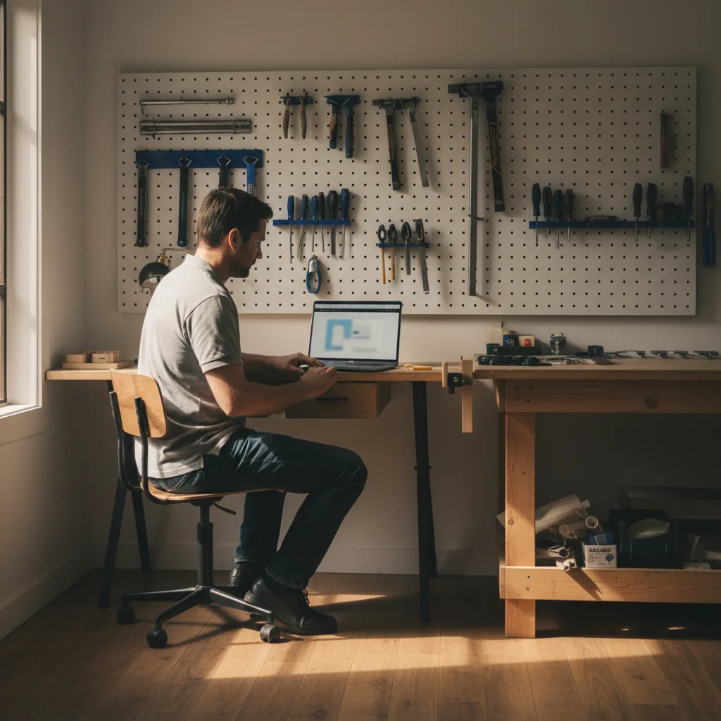 Artisan consultant son site internet professionnel sur un ordinateur portable dans son atelier