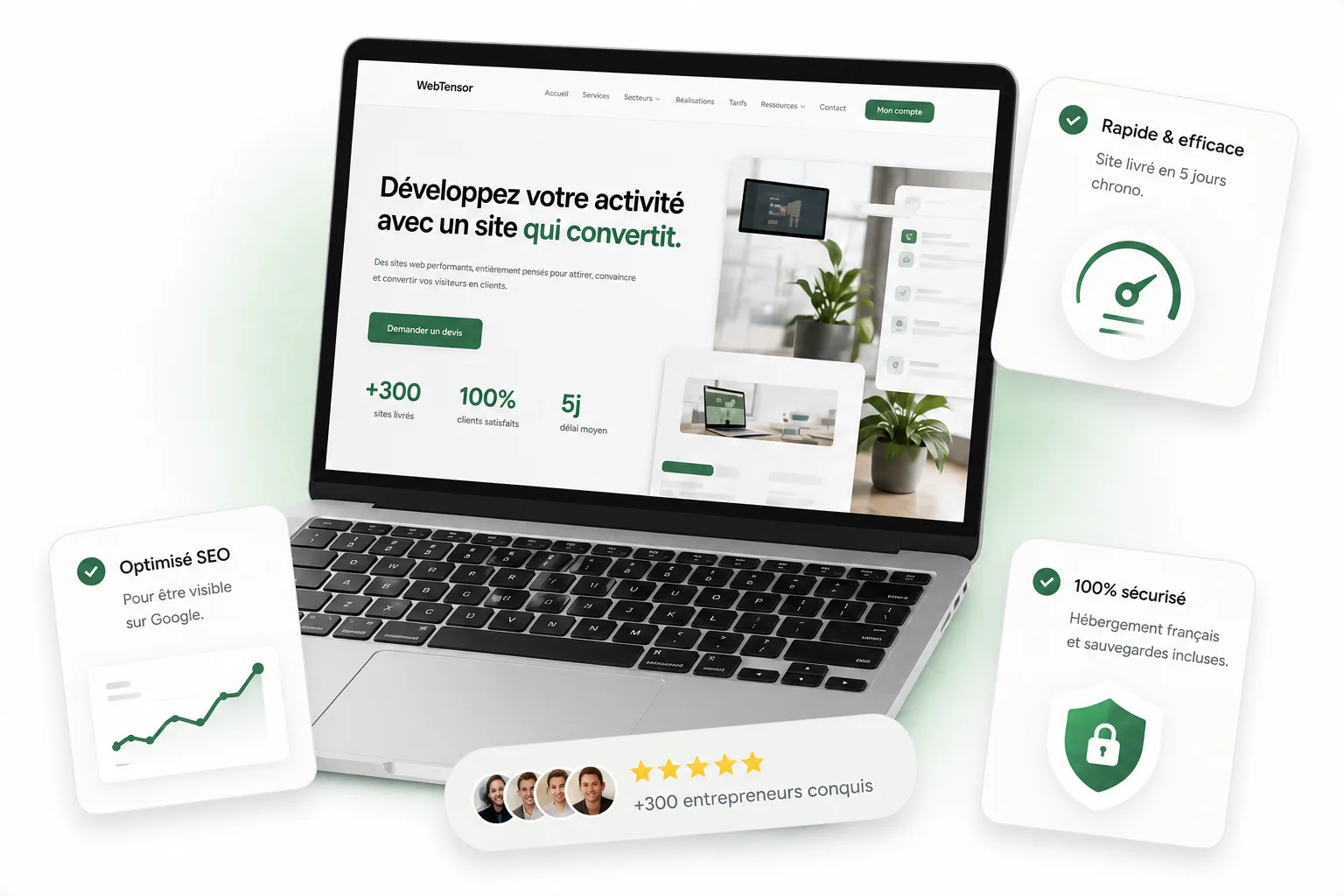 Site web WebTensor sur ordinateur portable : développez votre activité avec un site qui convertit. Optimisé SEO, rapide, hébergement français sécurisé, +300 entrepreneurs conquis