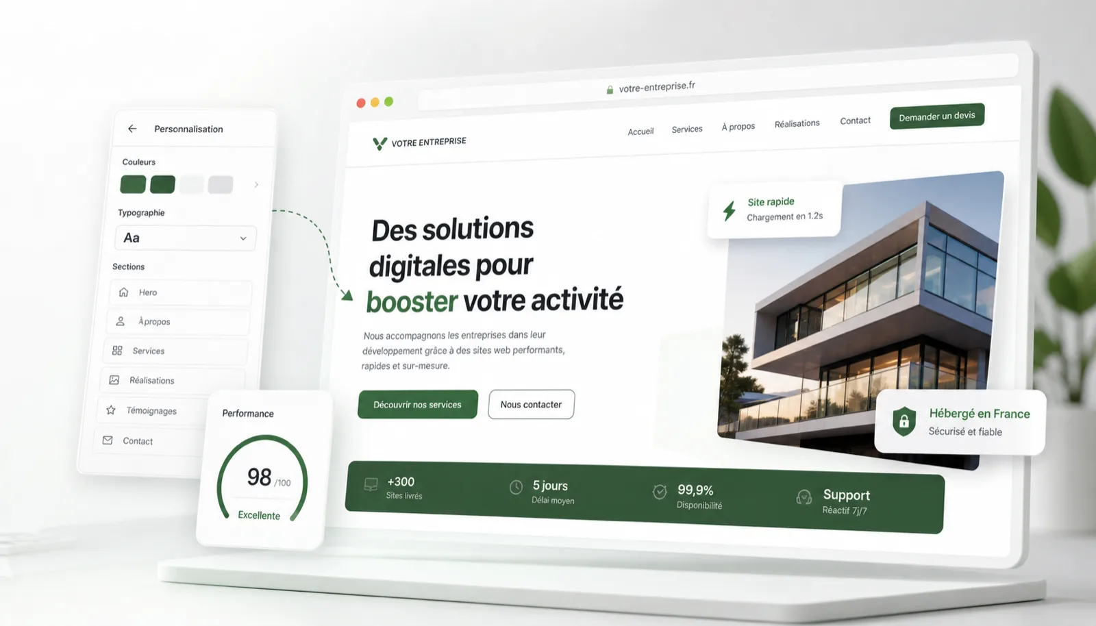 Aperçu d'un site professionnel créé par WebTensor, avec personnalisation, score de performance et hébergement en France
