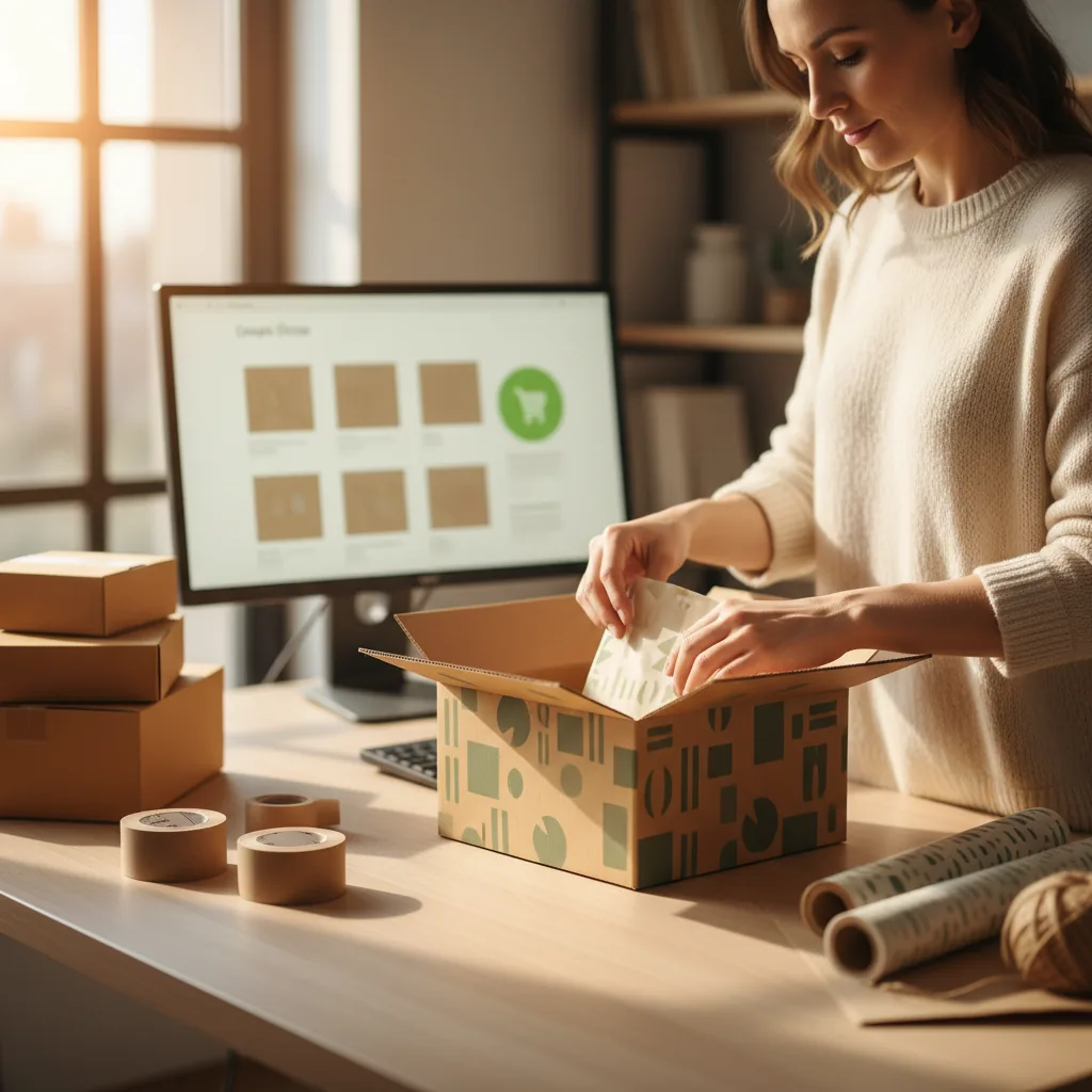 Entrepreneure préparant une commande devant son écran affichant sa boutique en ligne