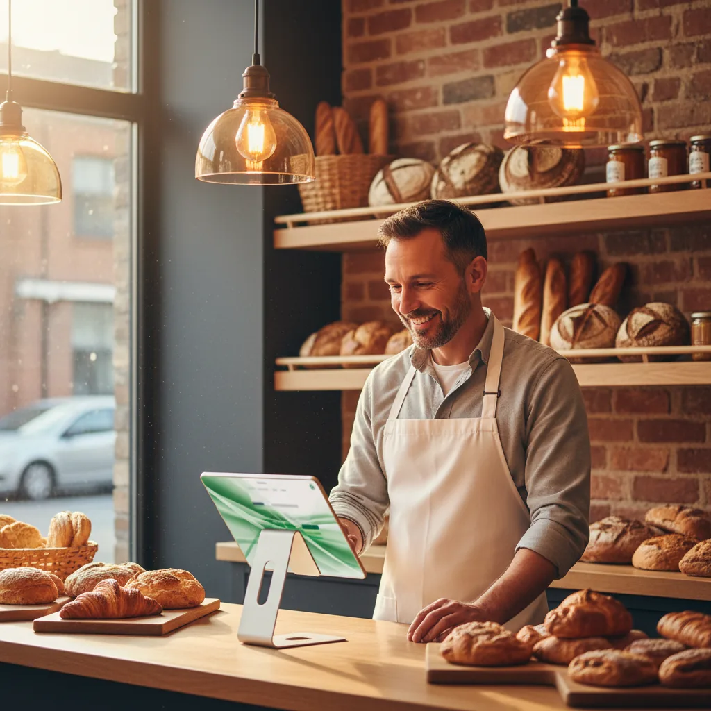Artisan boulanger consultant son site vitrine professionnel sur une tablette dans sa boutique