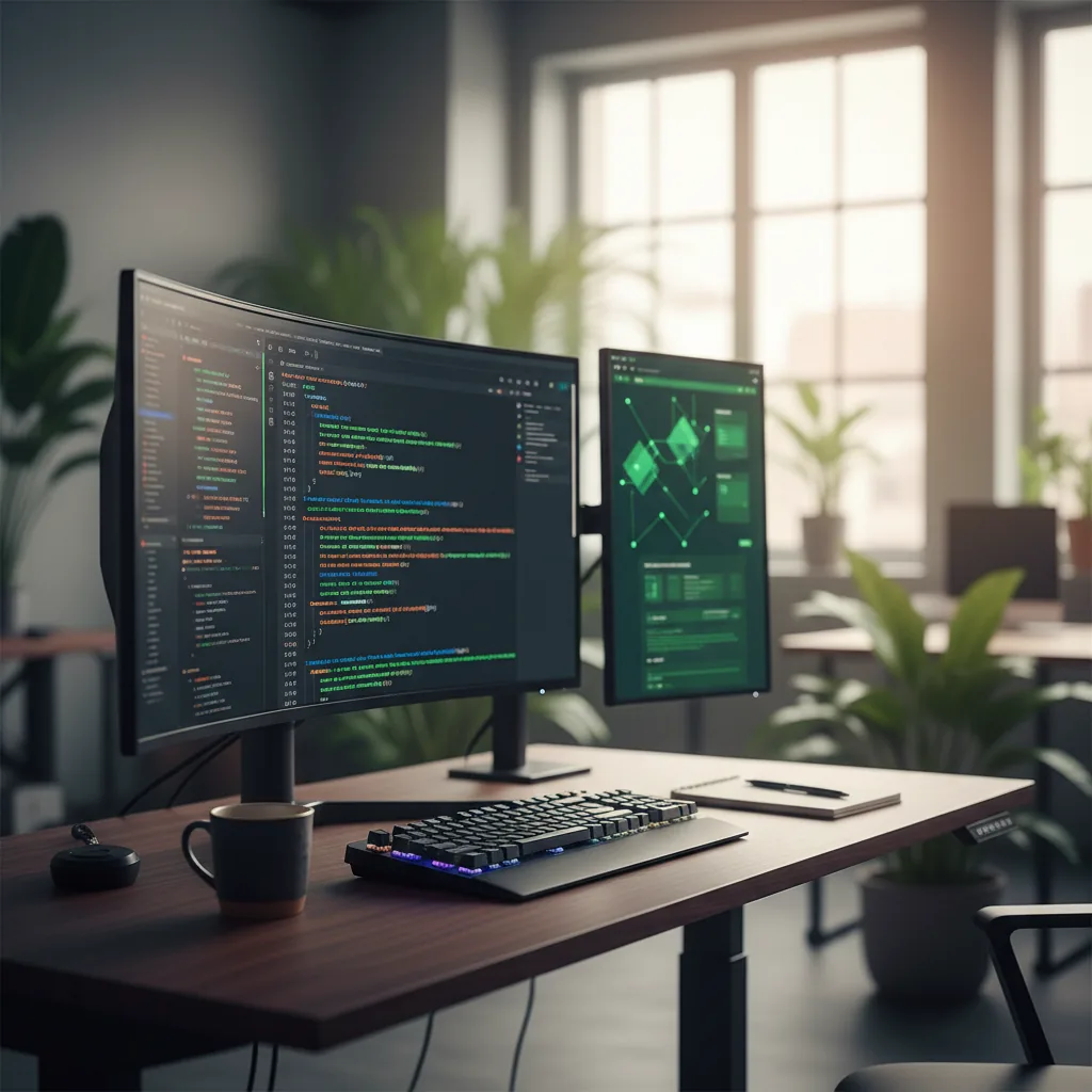 Espace de développement web sur mesure avec double écran affichant du code et une application