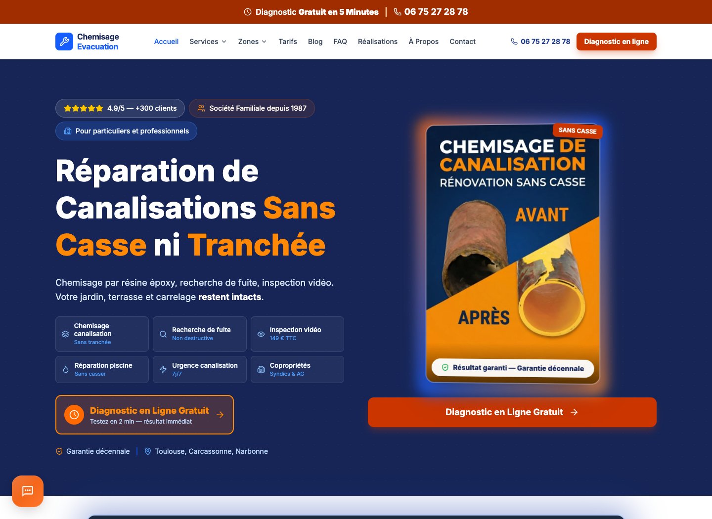 Capture du site Chemisage Évacuation consacré à la réparation sans tranchée