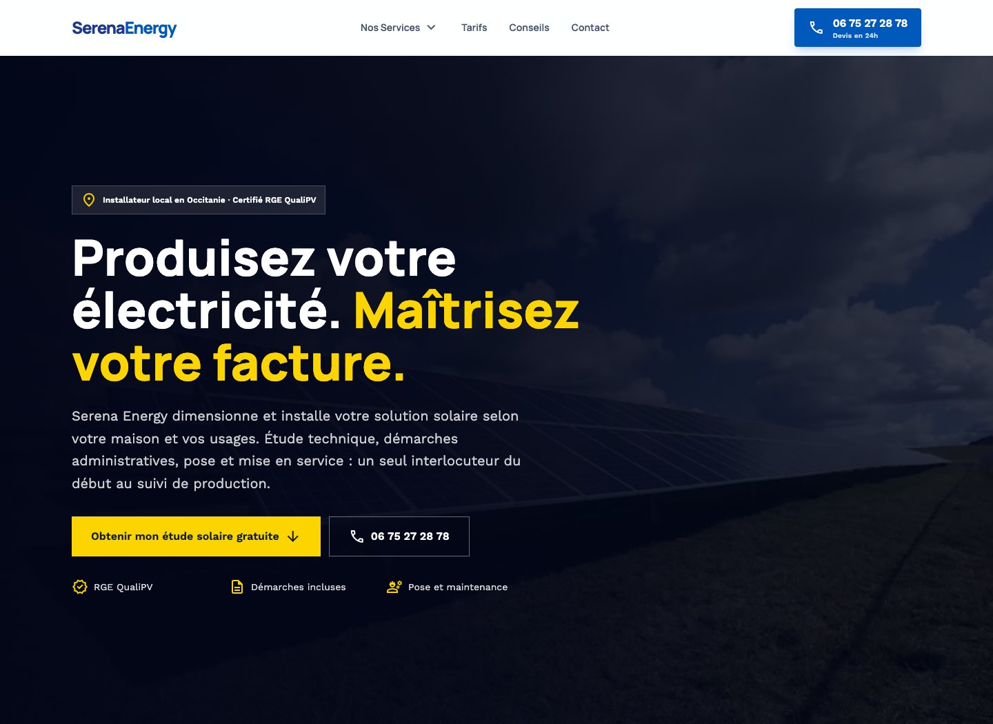 Capture du site Serena Energy présentant les installations solaires en Occitanie