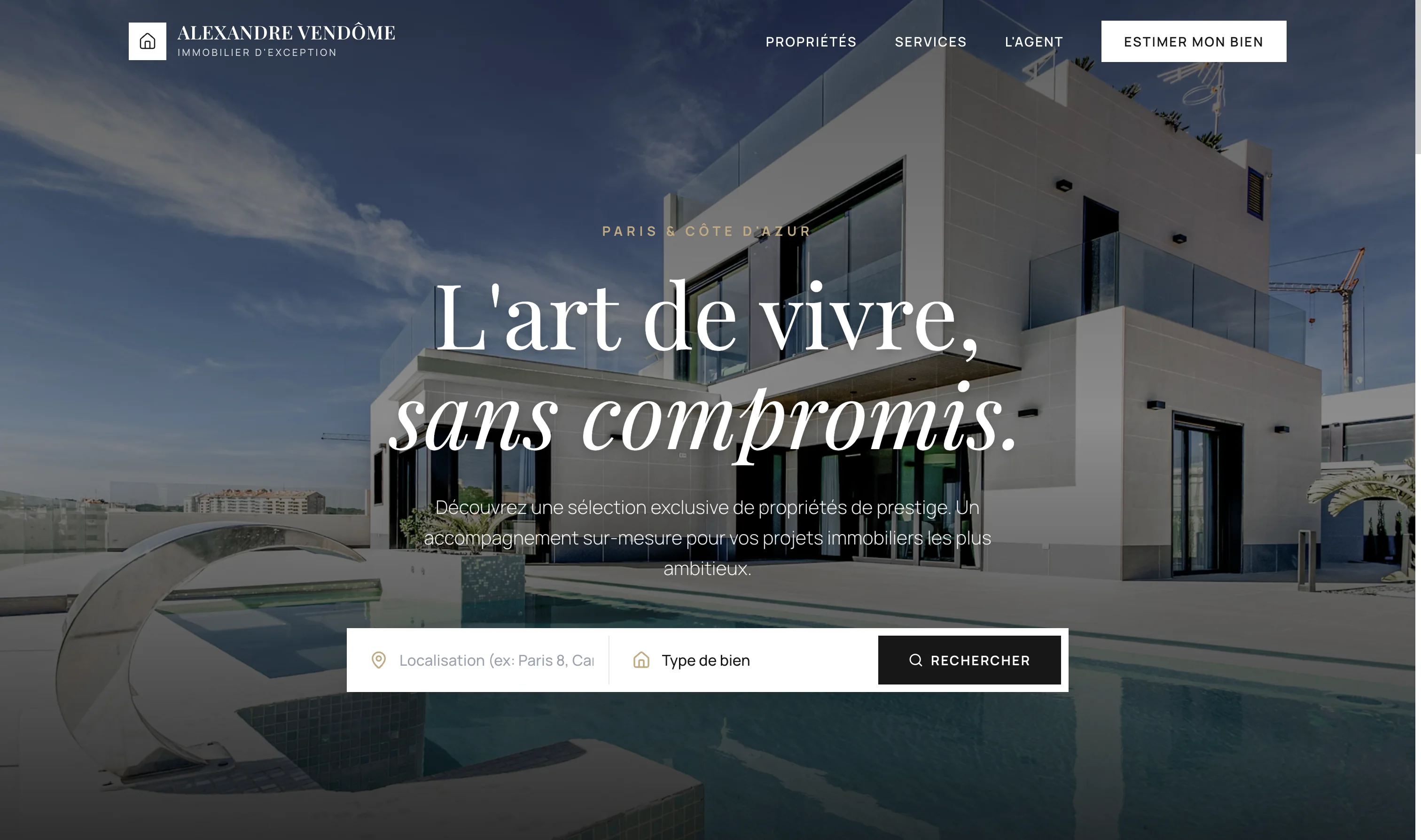 Exemple de site internet immobilier avec présentation des biens.